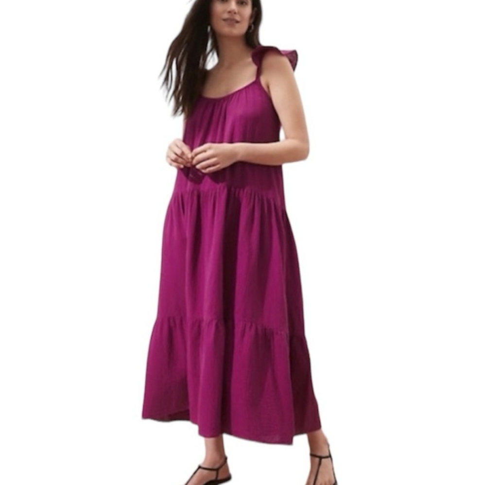 Banana Republic frill sleeve flounce tiered midi dress magenta XS P